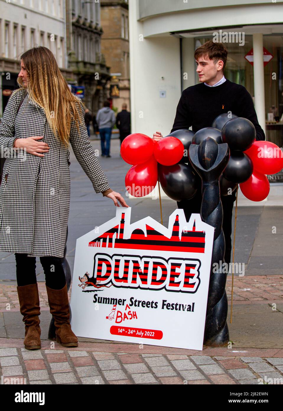 Dundee, Tayside, Scotland, Dundee News, UK. 12th May, 2022. Beano`s Dennis and Gnasher are in the city centre promoting a historic and largest-ever comics celebration. This summer, Dundee will celebrate its status as the home of comics with the Summer Bash Street Festival which will run from 14th to 24th July 2022. Dundee will be transformed into 'Beanotown' with well-known characters and stories taking over the city streets as part of Scotland's Year of Stories 2022, celebrating the wealth of stories inspired, written, and created in Scotland. Credit: Dundee Photographics/Alamy Live News Stock Photo